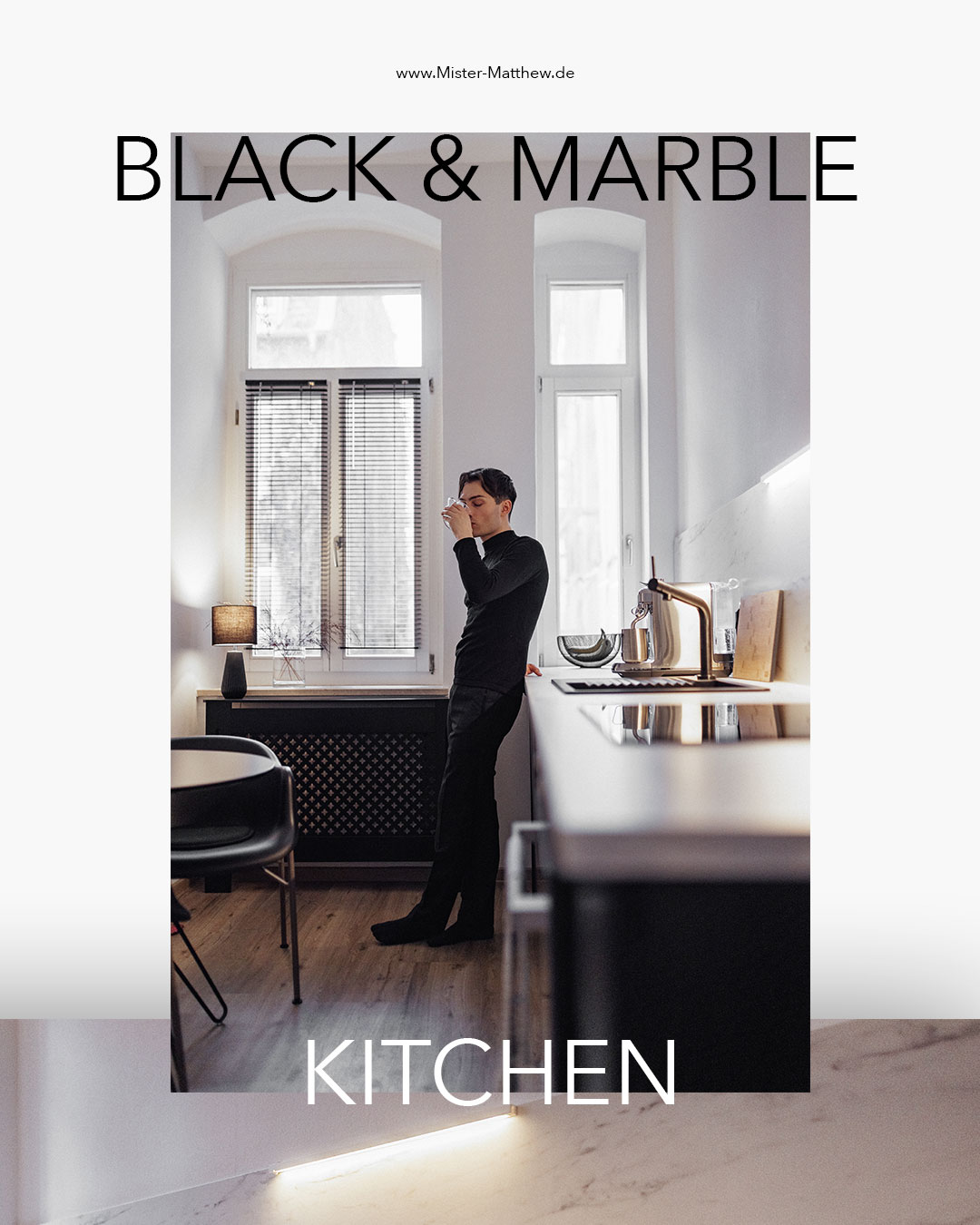 Meine Küche: matt Schwarz und weisser Marmor.