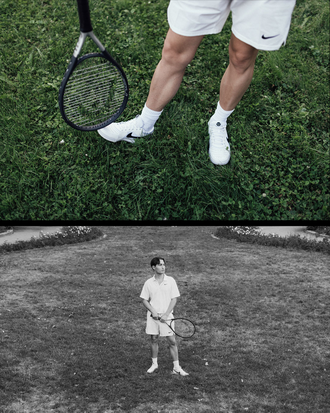 Weiße Tennisshort und Weiße Tennissneaker.